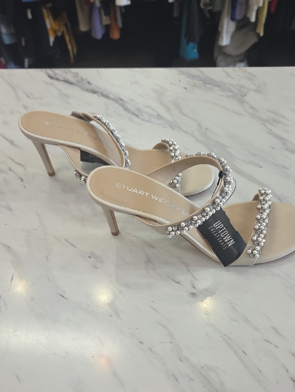 Stuart Weitzman Nude Pearl-Embellished Slip-On Heels